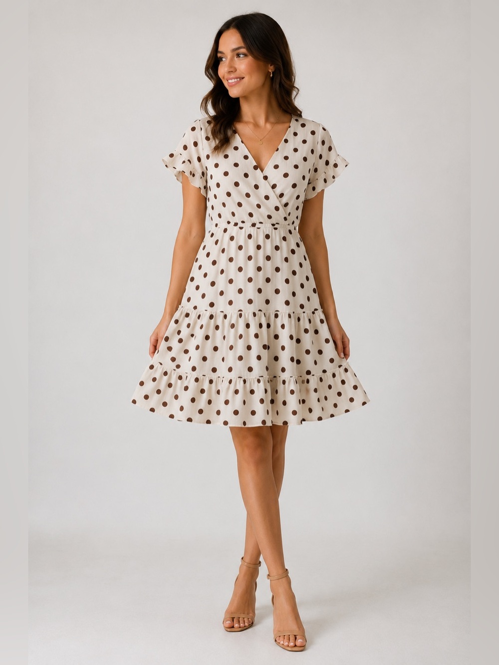 Monteau White and Brown Polka Dot Women Dress Medium